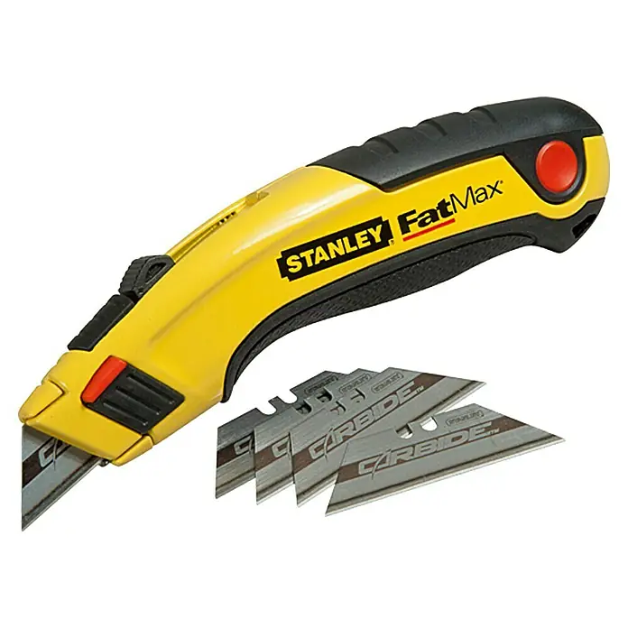 Stanley FatMax Cuttermesser - Trapezklinge, Messerdepot im Gehäuse - Stanley FatMax Cuttermesser mit schwarzen und gelben Griff und Ersatzklingen.