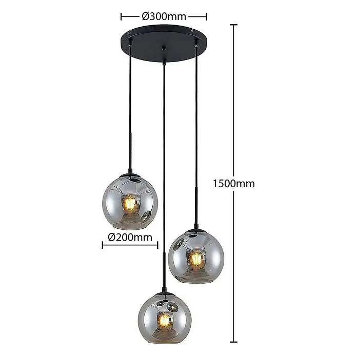 Lindby Esstisch Pendelleuchte Glas rauchgrau, 3 Schirme Ø 20 cm -  - Schwarze 3-flammige Pendelleuchte mit Rauchglas-Kugeln (Ø200mm), schwarzer Deckenplatte (Ø300mm) und 1500mm Gesamtlänge.