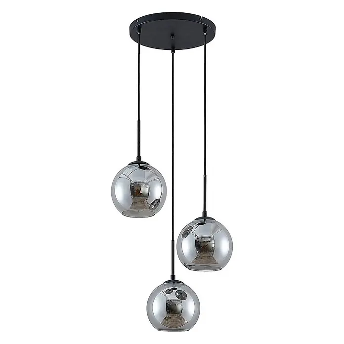 Lindby Esstisch Pendelleuchte Glas rauchgrau, 3 Schirme Ø 20 cm -  - Dreiflammige Pendelleuchte mit schwarzer Deckenplatte und Aufhängung, mit drei rauchfarbenen kugelförmigen Glasschirmen.