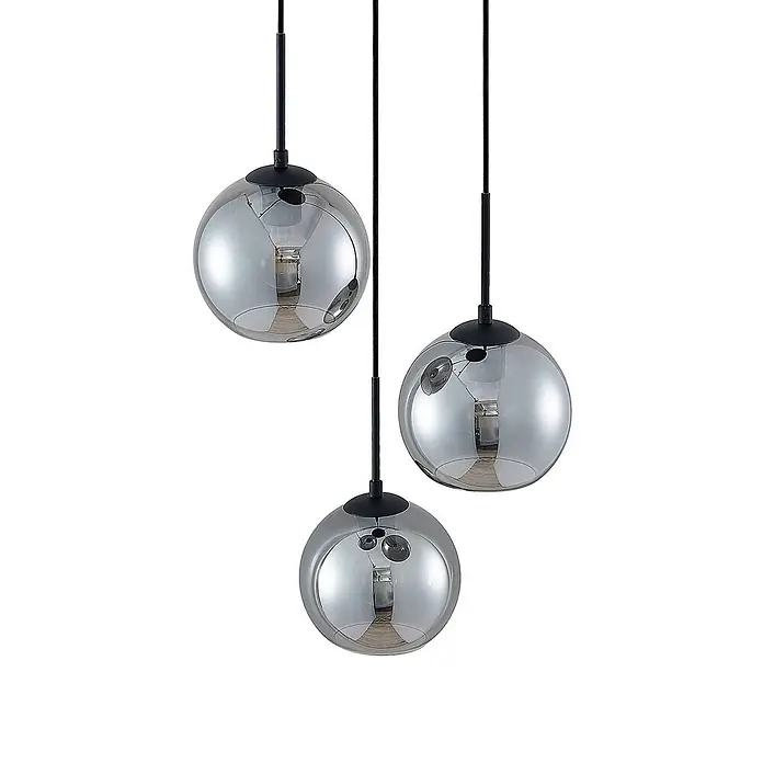 Lindby Esstisch Pendelleuchte Glas rauchgrau, 3 Schirme Ø 20 cm -  - Drei Hängeleuchten mit spiegelnden Glaskugelschirmchen und schwarzen Fassungen.