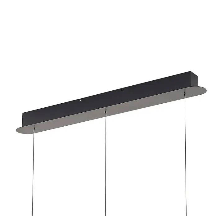 Lucande LED Pendelleuchte in weiß, gold, Hängelampe -  - Dunkelgraue und hellgraue lineare Deckenhalterung für Pendelleuchte mit drei schwarzen Aufhängedrähten.