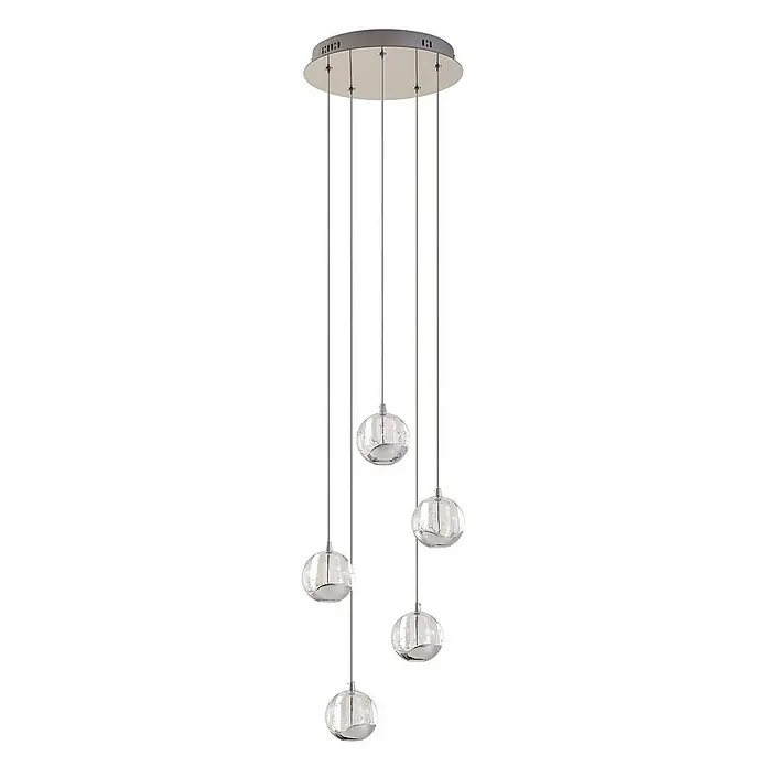 Lucande LED Pendelleuchte in transparent, chrom, Hängelampe -  - Mehrflammige Pendelleuchte mit Chrom-Deckenplatte und fünf kugelförmigen Glasleuchten mit Bläschen und reflektierenden Silberböden.