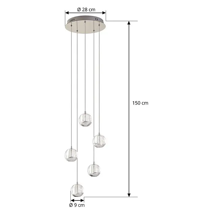Lucande LED Pendelleuchte in transparent, chrom, Hängelampe -  - Moderne Hängeleuchte mit 5 klaren, kugelförmigen Glasschirmen und verchromter Deckenplatte, 150 cm hoch.