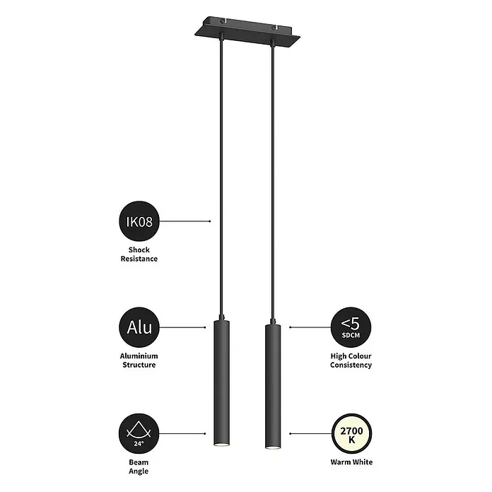 Arcchio LED Pendelleuchte in schwarz, Hängelampe -  - Zwei schwarze zylindrische Pendelleuchten hängen von einem rechteckigen schwarzen Baldachin.