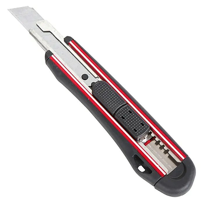 Wisent Sicherheitsmesser SM 18 - Abbrechklinge, Edelstahl-Klingenführung - Abgebildet ist ein Cuttermesser mit schwarzem Griff, roter und weißer Verzierung und ausfahrbarer Klinge für präzise Schnitte.
