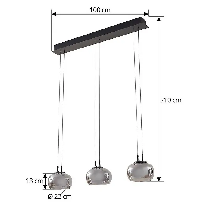 Lucande LED Pendelleuchte in rauchgrau, schwarz, Hängelampe -  - Schwarze Pendelleuchte mit drei Rauchglas-Schirmen. Gesamtlänge 100 cm, Höhe 210 cm.