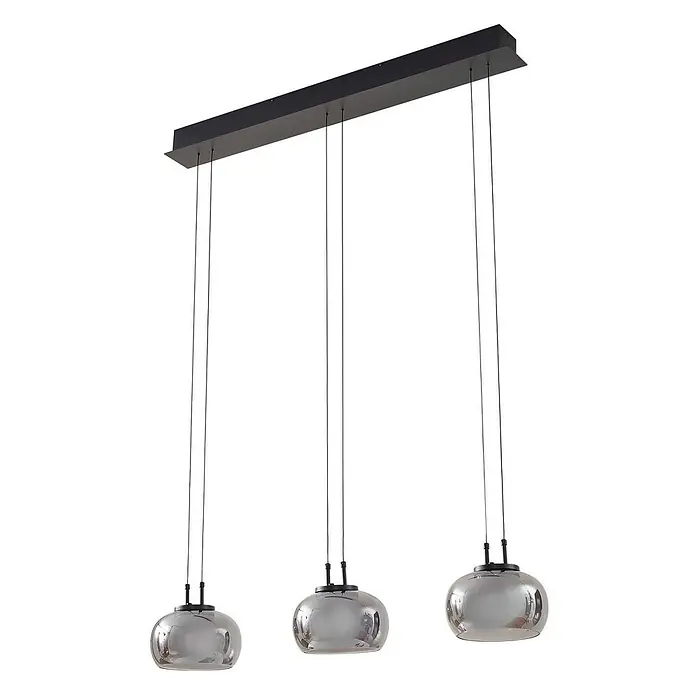 Lucande LED Pendelleuchte in rauchgrau, schwarz, Hängelampe -  - Lineare Pendelleuchte mit drei Rauchglas-Schirmen, aufgehängt an schwarzer Rechteckschiene.