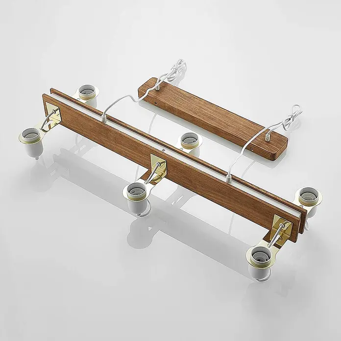 Lucande Pendelleuchte Becky - holz antik, weiß, messing poliert, E27 - Modulare Holzleuchten-Teile mit weißen Fassungen und messingfarbenen Beschlägen.