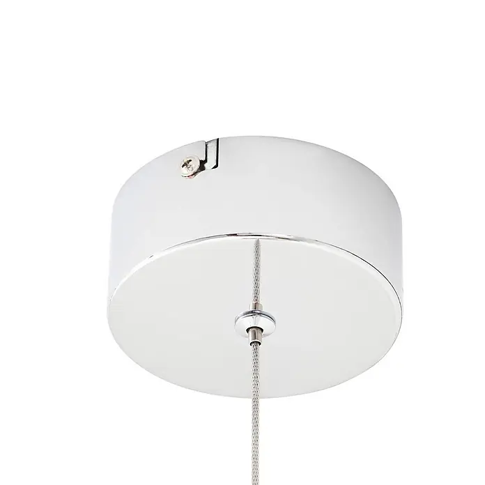 Lucande LED Pendelleuchte in transparent, chrom, Hängelampe -  - Verchromte, runde Deckenrosette mit seitlicher Schraube und geflochtenem Metallkabel, das aus der Mitte kommt.
