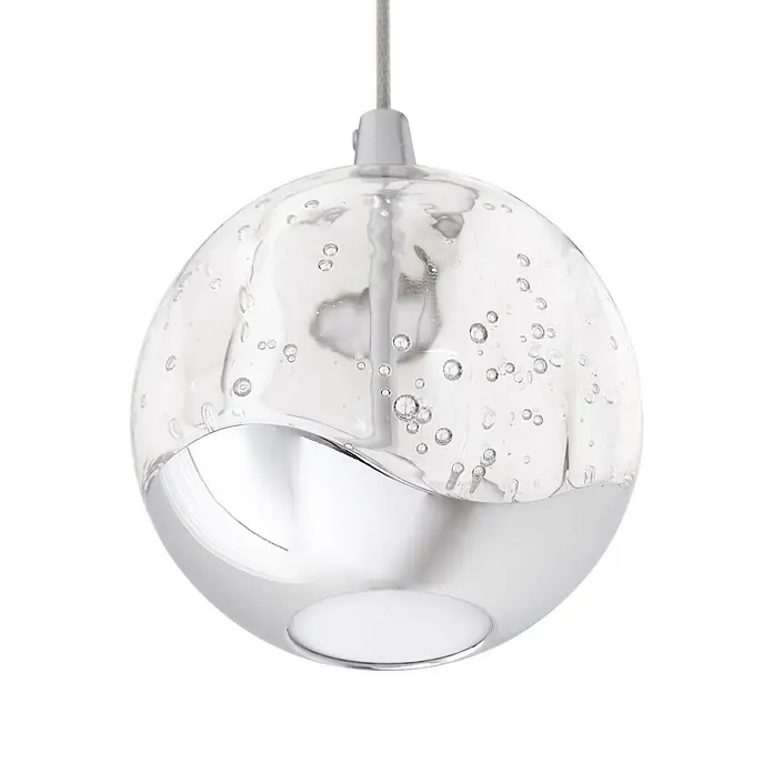 Lucande LED Pendelleuchte in transparent, chrom, Hängelampe -  - Moderne kugelförmige Pendelleuchte mit klarem Blasenglas und glänzender Chrom-Unterseite, an einem grauen Kabel hängend.