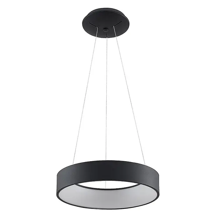 Arcchio LED Pendelleuchte in schwarz, weiß, Hängelampe -  - Schwarze runde LED-Pendelleuchte mit weißem Diffusor, an drei Drähten hängend.