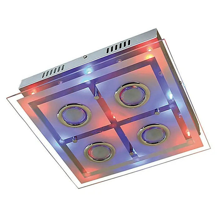 Tween Light Plafón LED Donia 3 - 13,26 W, L x An x Al: 32 x 32 x 7,5 cm, Cromo, Claro/Satinado, Blanco cálido - Lámpara de techo LED moderna con cuatro luces, paneles de vidrio y cambio de color para iluminación ambiental.