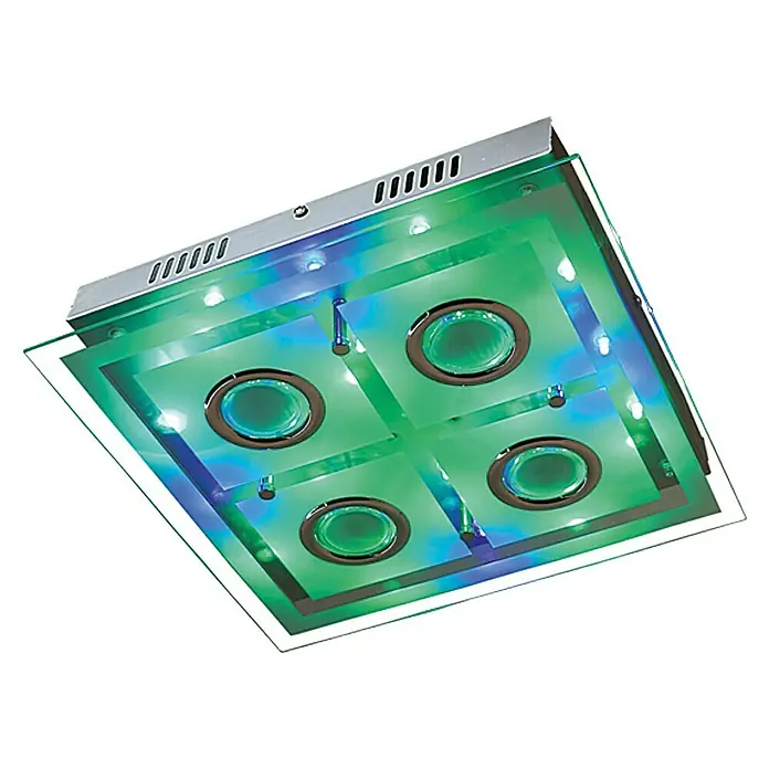 Tween Light Plafón LED Donia 3 - 13,26 W, L x An x Al: 32 x 32 x 7,5 cm, Cromo, Claro/Satinado, Blanco cálido - Moderna lámpara de techo LED con cuatro luces y detalles verdes para iluminación elegante.