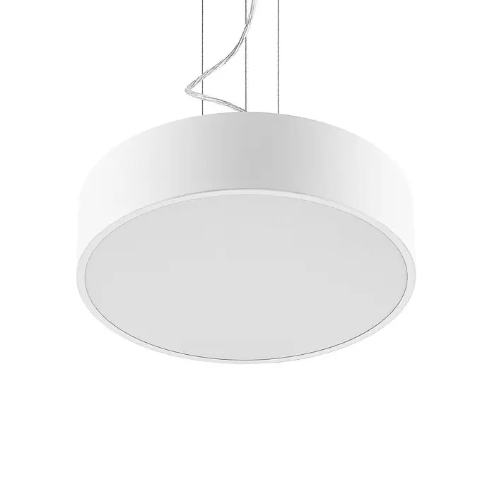 Arcchio LED Pendelleuchte in weiß, Hängelampe -  - Weiße runde Hängelampe in Trommelform, an dünnen Drähten aufgehängt.