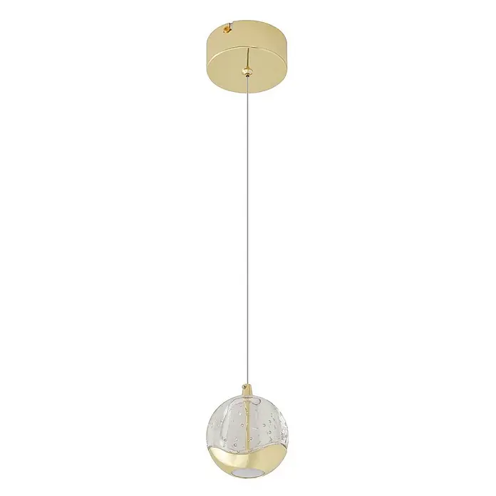 Lucande LED Pendelleuchte in transparent, gold, Hängelampe -  - Goldene Pendelleuchte mit klarem, blasentexturiertem Glasschirm und silbernem Kabel.