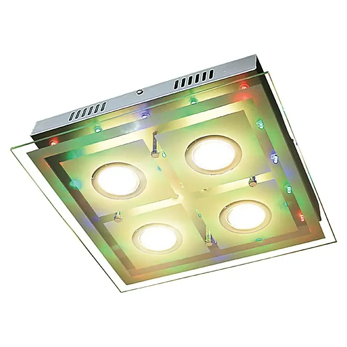 Tween Light Plafón LED Donia 3 - 13,26 W, L x An x Al: 32 x 32 x 7,5 cm, Cromo, Claro/Satinado, Blanco cálido - Primer plano de una moderna lámpara de techo cuadrada con cuatro luces LED y un marco multicolor.