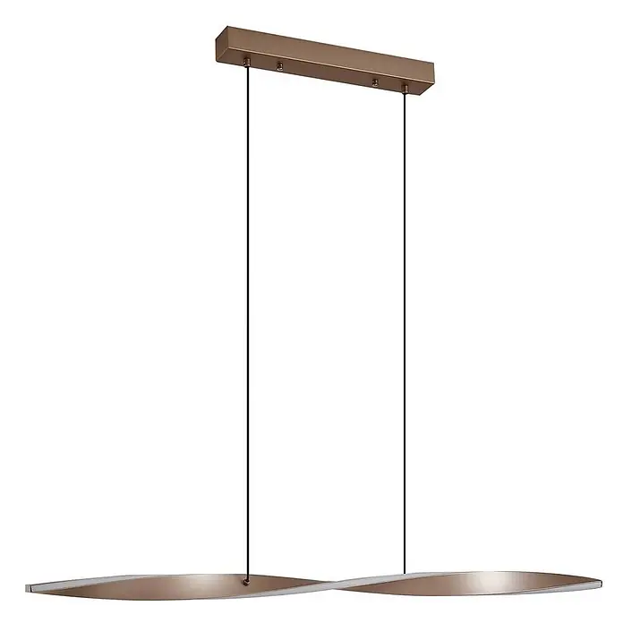 Lindby LED Pendelleuchte in braun, Hängelampe -  - Moderne bronzefarbene LED-Pendelleuchte mit verdrehtem, bandförmigem Design, aufgehängt an einer rechteckigen Deckenplatte.