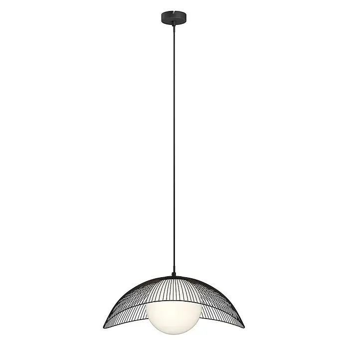 Lindby Pendelleuchte in schwarz, weiß, Hängelampe -  - Schwarze Pendelleuchte aus Metall mit breitem, offenem Drahtkäfigschirm und weißem kugelförmigen Diffusor.