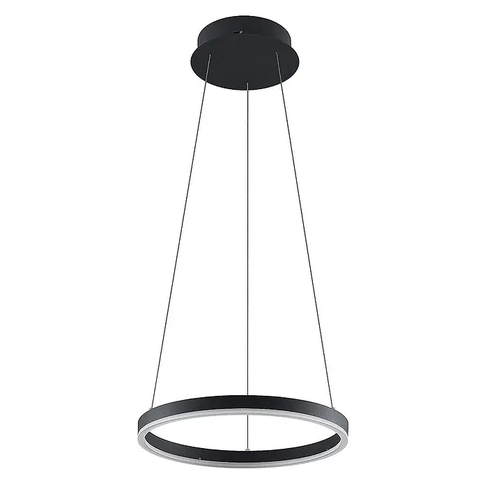 Arcchio LED Pendelleuchte in schwarz, weiß, Hängelampe -  - Schwarze ringförmige LED-Pendelleuchte mit weißem Innenband, von einer runden Deckenhalterung abgehängt.