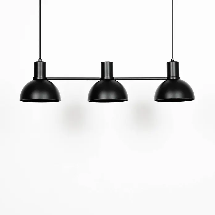 Lucande Pendelleuchte in schwarz matt, Hängelampe -  - Schwarze Metall-Pendelleuchte mit drei kuppelförmigen Lampenschirmen, an zwei Kabeln aufgehängt.