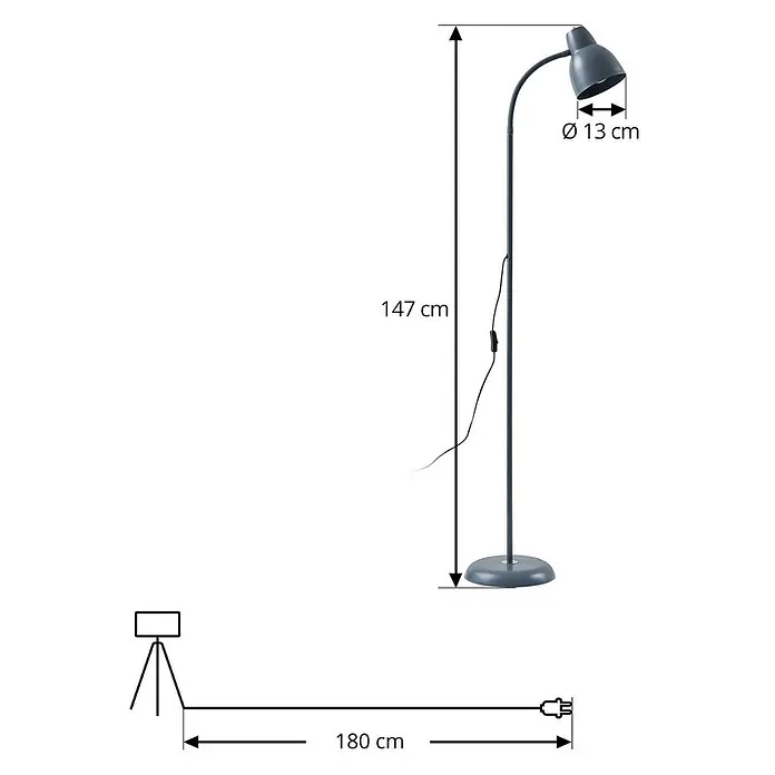 Lindby Stehlampe Wohnzimmer in grau, Stehleuchte -  - Graue Stehlampe aus Metall, 147 cm hoch, mit 13 cm Schirmdurchmesser und 180 cm Netzkabel.