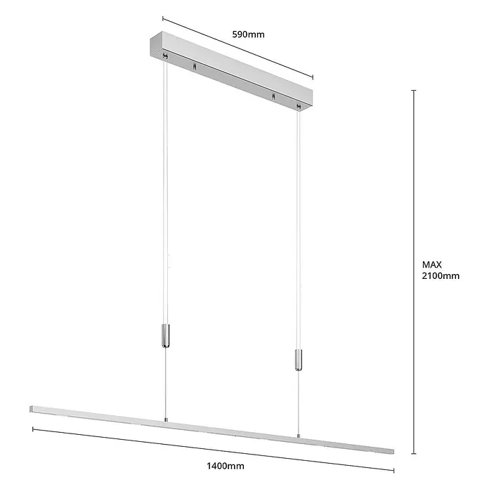 Lucande LED Pendelleuchte höhenverstellbar, dimmbar per Wandschalter -  - Silberne lineare Pendelleuchte mit rechteckiger Deckenhalterung und einer 1400 mm langen Lichtleiste, höhenverstellbar bis max. 2100 mm.