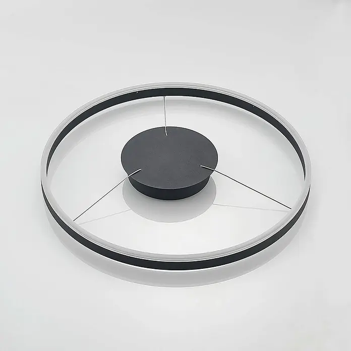 Arcchio LED Pendelleuchte in schwarz, weiß, Hängelampe -  - Runde LED-Deckenleuchte mit schwarzer Mittelbasis und klarem Außenring, aufgehängt an dünnen Drähten.