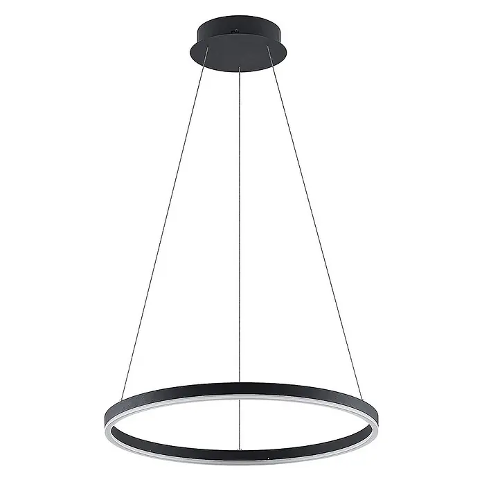 Arcchio LED Pendelleuchte in schwarz, weiß, Hängelampe -  - Schwarze runde LED-Pendelleuchte, an dünnen Drähten von einer schwarzen Deckenplatte hängend.