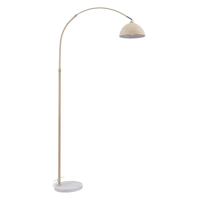 Lindby Stehlampe Wohnzimmer in beige, weiß, Stehleuchte -  - Helle beige Bogenstehleuchte mit einem gewölbten Lampenschirm und einem weißen Marmorsockel.