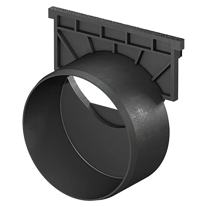 ACO Self Stirnwand mit Stutzen Hexaline und Standardline - Verwendung: Entwässerung, Stutzen DN 100 - Produktbild eines schwarzen Übergangsstücks mit rechteckiger Platte, das für Rohrverbindungen oder Installationen verwendet wird.