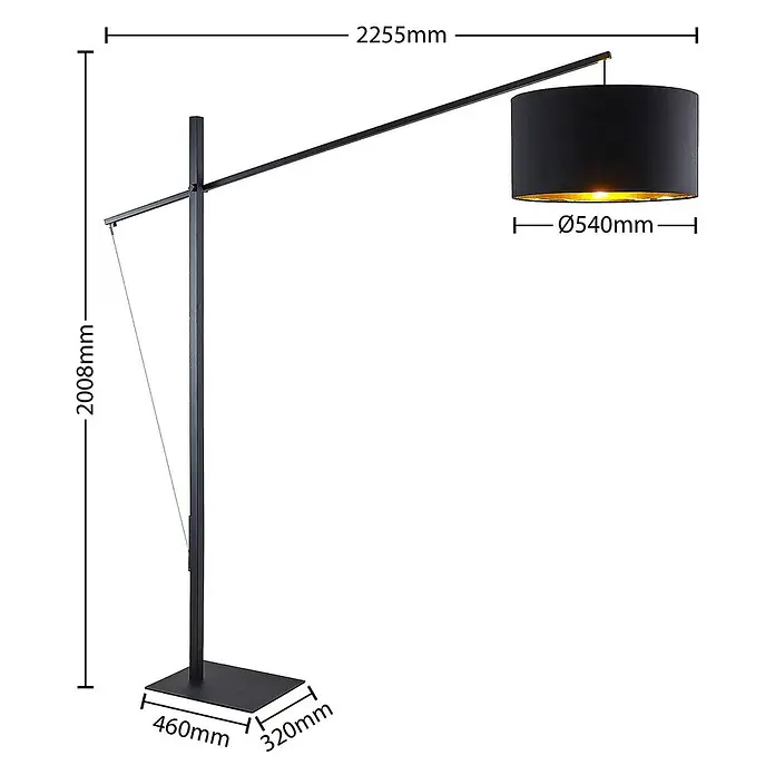 Arcchio Stehleuchte Mossa - schwarz, schwarz, E27 - Schwarze Bogen-Stehlampe mit rundem schwarzem Schirm, goldener Innenseite und rechteckigem Fuß.