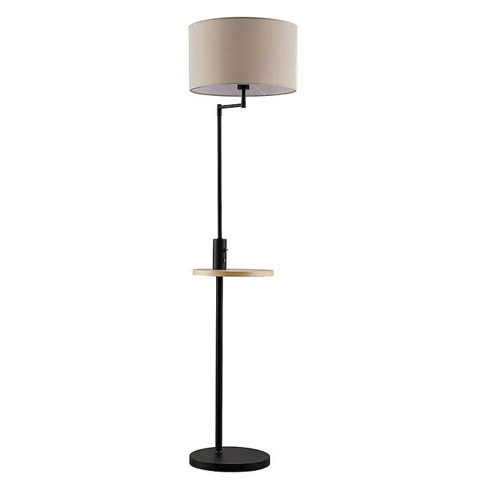 Lindby Stehlampe Wohnzimmer in schwarz matt, beige, Stehleuchte -  - Stehlampe mit beigem Stoffschirm, schwarzem Korpus und rundem Holzregal mit USB-Anschluss und Kippschalter.