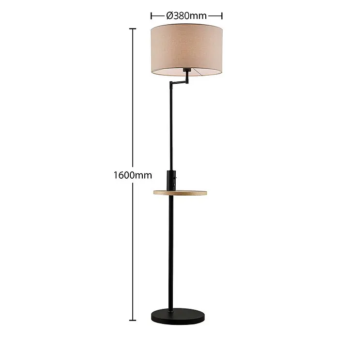 Lindby Stehlampe Wohnzimmer in schwarz matt, beige, Stehleuchte -  - Schwarze Stehlampe aus Metall mit beigem Stoffschirm, integriertem Holzregal und USB-Anschluss. H1600mm, Ø380mm Schirm.