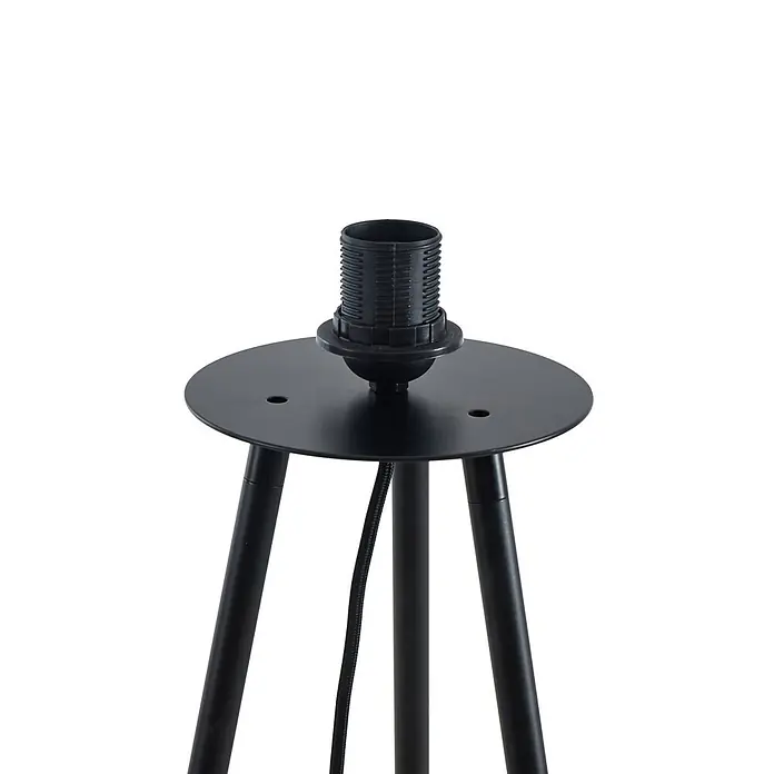 Lindby Stehlampe Wohnzimmer, Tripod in schwarz, holz, Stehleuchte -  - Schwarzer Dreibein-Lampenfuß mit Lampenfassung und sichtbarem Stromkabel.