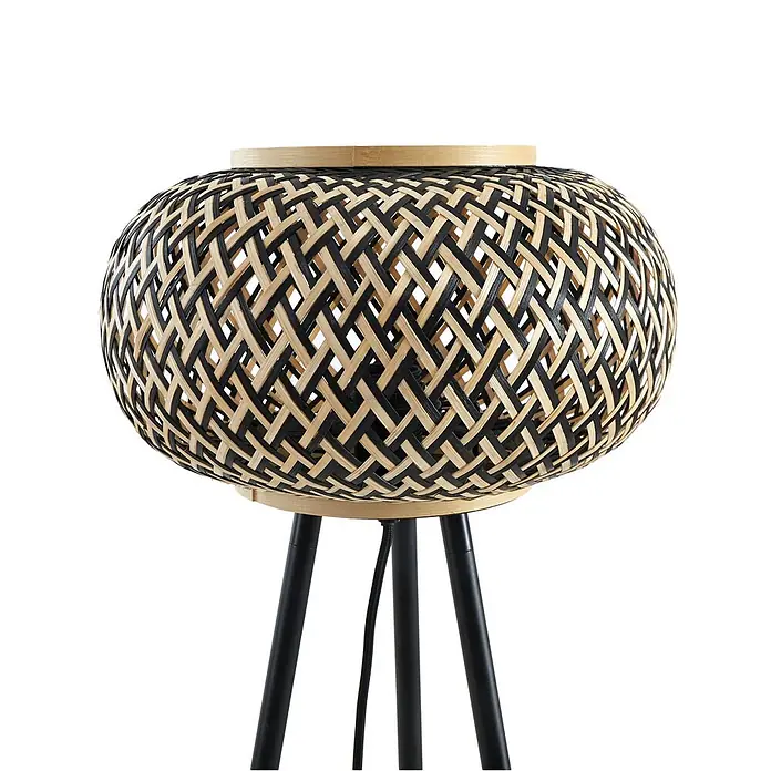 Lindby Stehlampe Wohnzimmer, Tripod in schwarz, holz, Stehleuchte -  - Stehlampe mit zweifarbigem gewebtem Bambusschirm in Natur und Schwarz auf schwarzen Dreibeinbeinen.