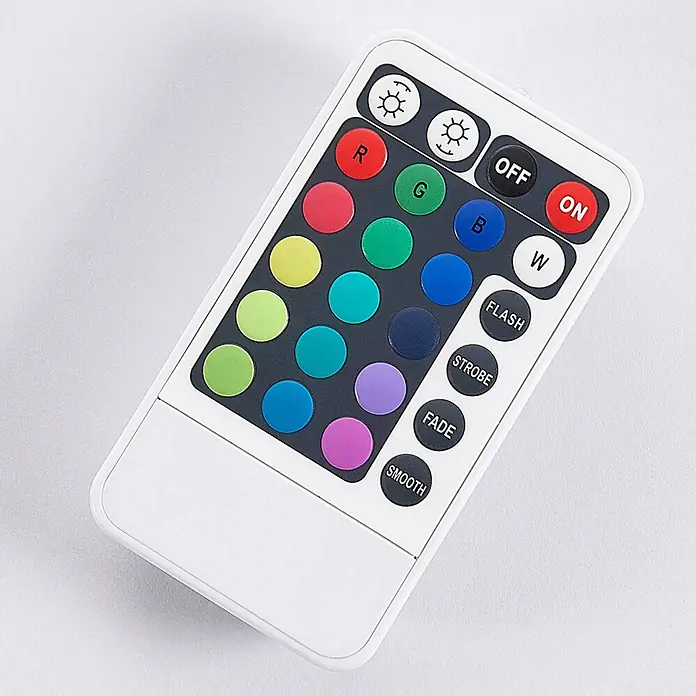 Lindby RGB LED Stehlampe Wohnzimmer, Gaming Lampe, Ecklampe dimmbar -  - Weiße Fernbedienung für RGBW-LED-Leuchten mit Farb- und Modusauswahltasten.