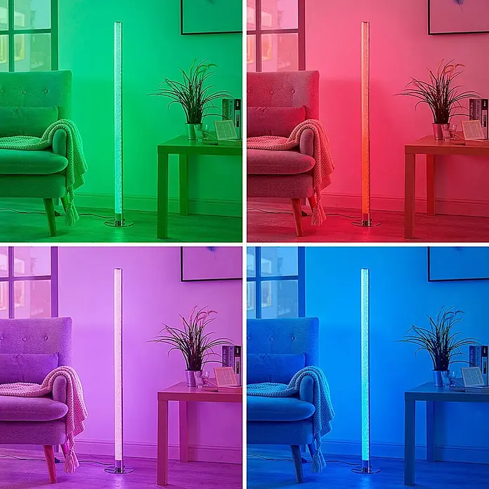 Lindby RGB LED Stehlampe Wohnzimmer, Gaming Lampe, Ecklampe dimmbar -  - Hohe, farbwechselnde LED-Blasen-Stehlampe, die einen Raum lebendig beleuchtet, neben einem Sessel und Beistelltisch.