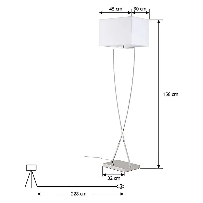 Lucande Stehlampe Wohnzimmer in chrom, weiß, Stehleuchte -  - Weiße rechteckige Schirm Stehlampe mit Chrom-Kreuzfuß. Gesamt 158 cm H, Schirm 45x30 cm, Fuß 32 cm. Kabel 228 cm.