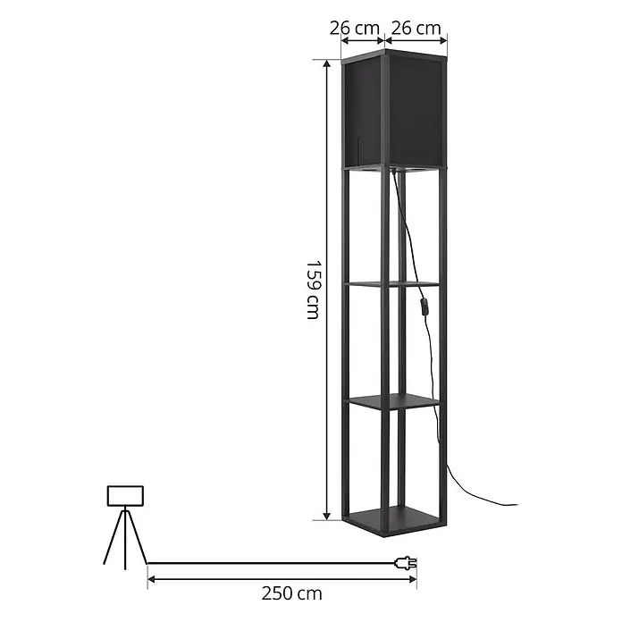 Lindby Stehlampe Wohnzimmer in schwarz, Stehleuchte -  - Schwarze Stehlampe mit drei Regalböden und Lampenschirm, 159 cm hoch. Inklusive 250 cm Netzkabel.