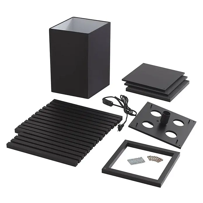 Lindby Stehlampe Wohnzimmer in schwarz, Stehleuchte -  - Demontierter schwarzer Stehlampen-Bausatz mit rechteckigem Stoffschirm, Holzlatten, Sockel und Elektroteilen.
