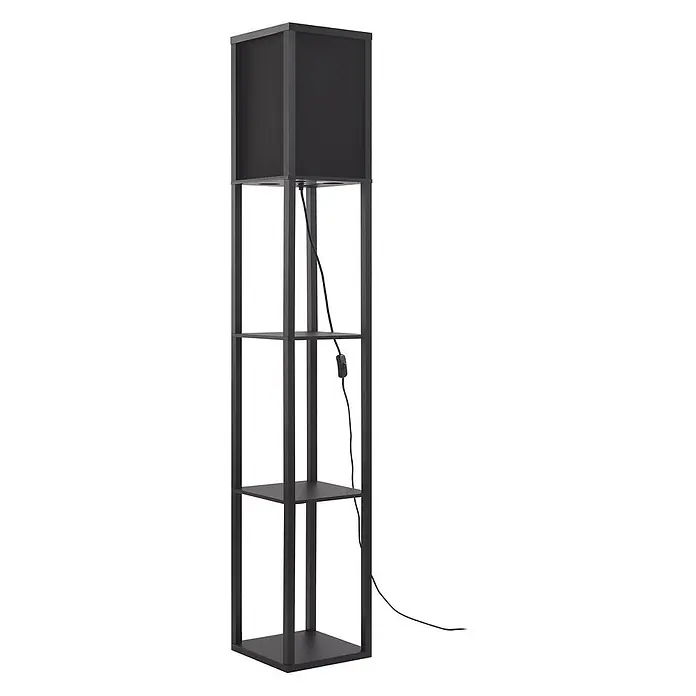 Lindby Stehlampe Wohnzimmer in schwarz, Stehleuchte -  - Schwarze Stehlampe mit quadratischen Regalen und integriertem Stoffschirm.