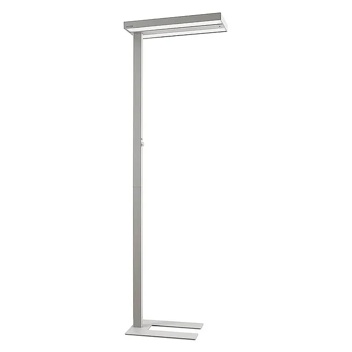 Arcchio LED Büro Stehlampe dimmbar, Bewegungsmelder, Tageslichtsensor -  - Moderne silber-graue Stehleuchte aus Metall mit rechteckigem Kopf und Sockel.