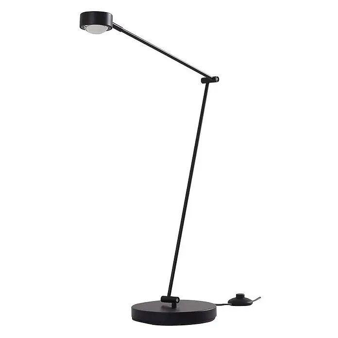 Lindby Stehleuchte Jyla - schwarz, schwarz - Schwarze, verstellbare LED-Leuchte mit rundem Fuß und Gelenkarm im minimalistischen Design.