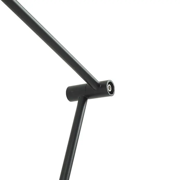 Lindby Stehleuchte Jyla - schwarz, schwarz - Schwarzes Metallgelenk, das zwei Stangen verbindet, eine diagonal, mit sichtbarer runder Schraube am Ende.