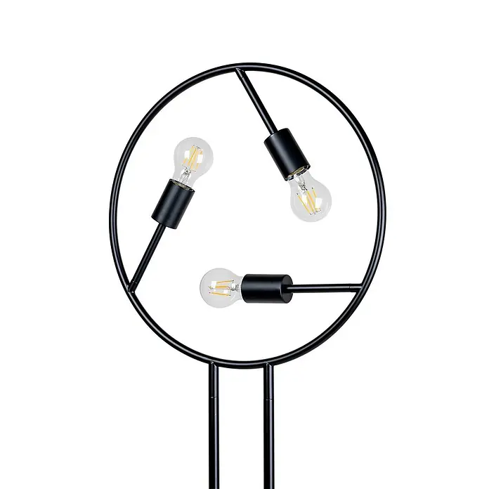 Lucande Stehlampe Wohnzimmer in schwarz, Stehleuchte -  - Schwarze Metalllampe mit kreisförmigem Rahmen und drei sichtbaren LED-Glühbirnen.