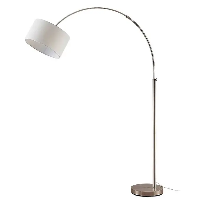 Lindby Stehlampe in nickel satiniert, weiß, Bogenlampe Wohnzimmer -  - Bogenförmige Stehlampe aus gebürstetem Metall mit gebogenem Arm und weißem zylindrischem Lampenschirm.