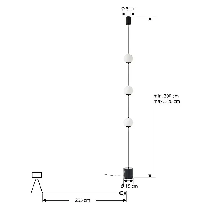 Lucande LED Stehlampe Wohnzimmer in weiß, schwarz, dimmbar Stehleuchte -  - Stehleuchte mit schwarzem Sockel und Kopf, drei weißen Kugelschirmen. Höhenverstellbar von 200 cm bis 320 cm.