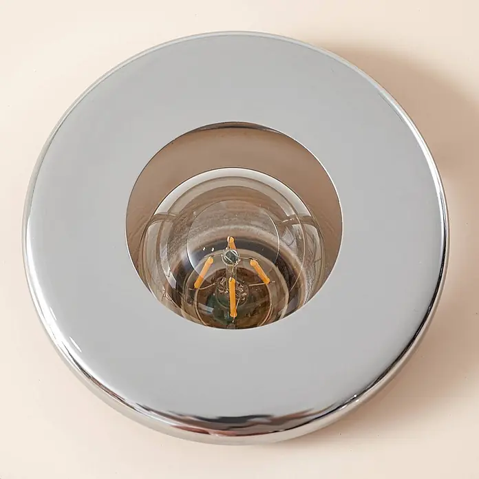 Lindby Stehlampe Wohnzimmer in beige, Stehleuchte -  - Runde Chrom-Deckenleuchte mit sichtbarer klarer LED-Birne.