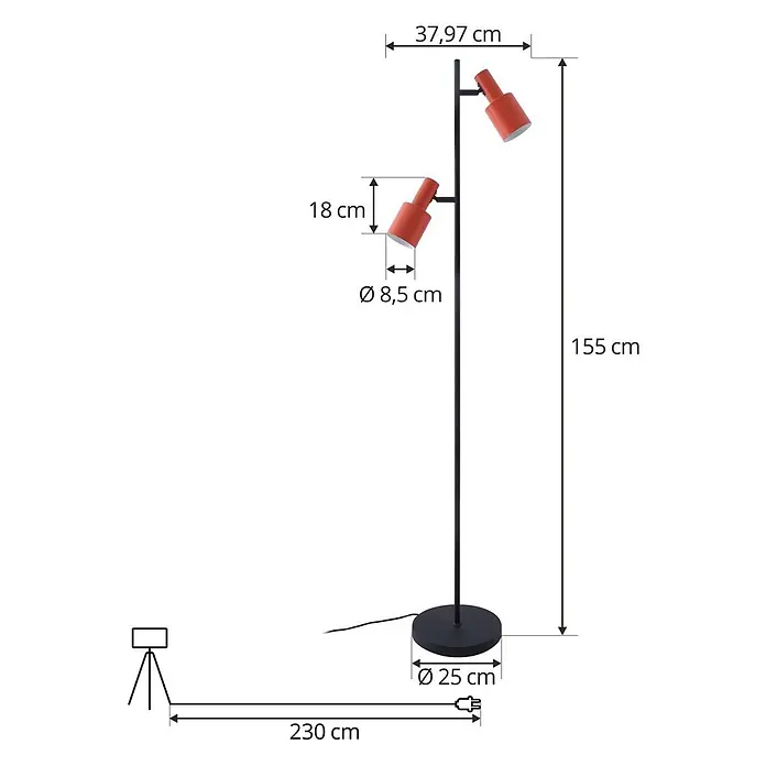 Lindby Stehlampe Wohnzimmer in orange, schwarz, Stehleuchte -  - Rot-schwarze Stehlampe aus Metall mit zwei verstellbaren Strahlern, 155 cm hoch, Ø 25 cm Sockel.