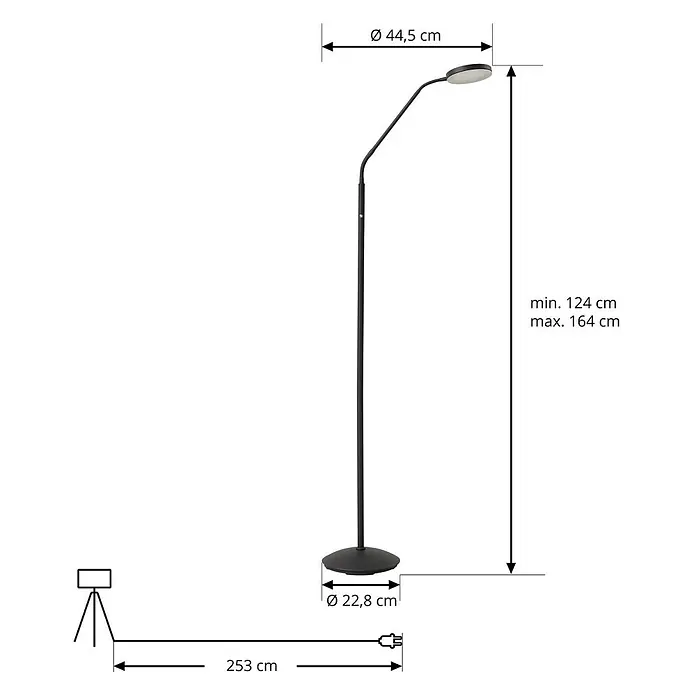 Lindby LED Stehlampe Wohnzimmer in schwarz, transparent, dimmbar -  - Schwarze LED-Stehleuchte, höhenverstellbar von 124 bis 164 cm. Lampenkopfdurchmesser 44,5 cm, Fußdurchmesser 22,8 cm.